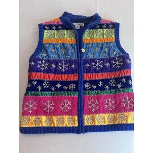 Belle Point Bright Beaded‎ Snowflake Zip Up Vest Medium Winter Multicolor